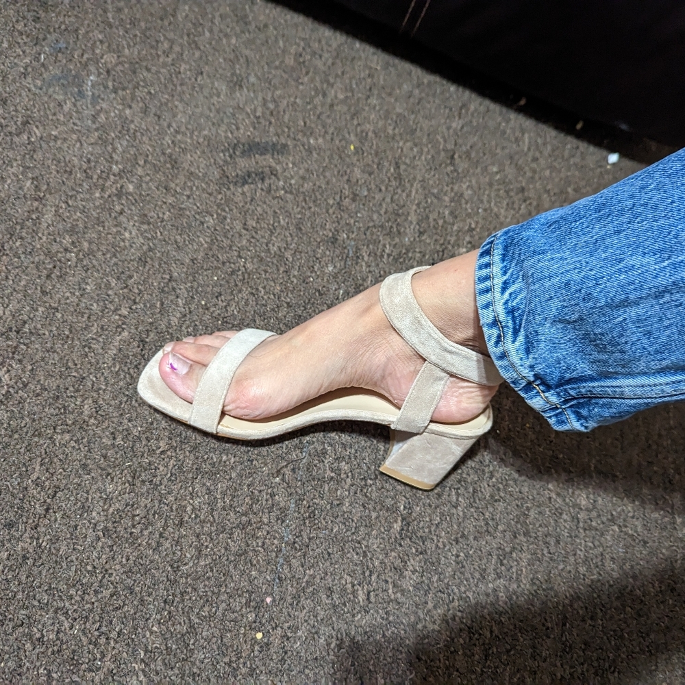 Suede-like tan medium heel sandals